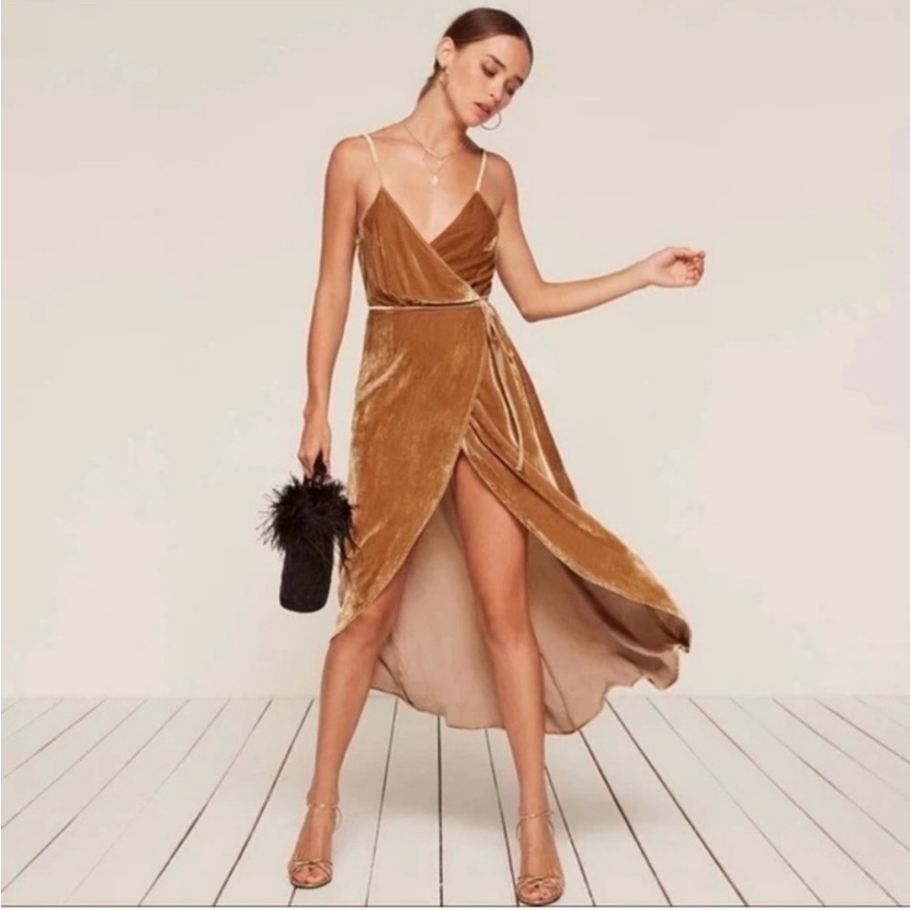 Reformation Velvet Gold Wrap Dress